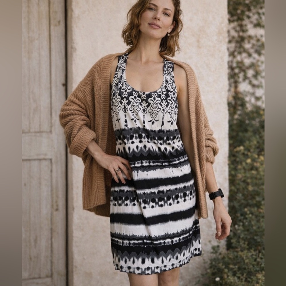 Dotti Black White Tie Dye Ethic Pattern Racerback Dress Coverup Size Med - Picture 2 of 15